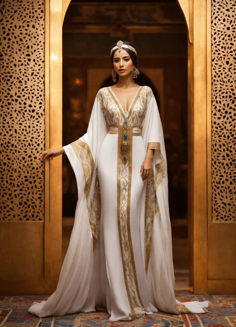 Egyptian Wedding Dress, Egyptian Goddess Dress, White Haute Couture, Egypt Inspiration, Egyptian Dress, Egyptian Fashion, Arabian Dress, Fancy Short Dresses, Klimt Art