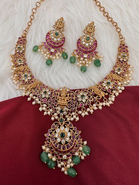 Guttapusalu Necklace, Traditional Necklace, Rice Pearls, Temple Jewelry, Chain Earring, Necklace Indian, Goddess Lakshmi, Green Beads, Necklace Necklace