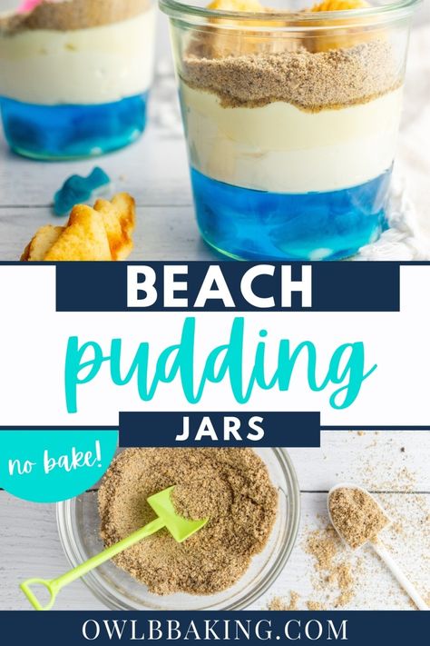 Beach Pudding Jars Fish Tank Dessert Cups, Beach Cups Dessert, Beach Desserts For Kids, Beach House Food Ideas, Blue Jello Dessert, Beachy Desserts, Beach Themed Food, Shooter Desserts, Beach Desserts