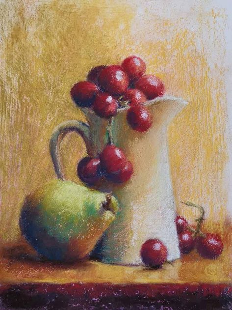 Still Life With Crayons, Oil Pastel Fruit Art, Oil Pastel Paintings Ideas, Jug Drawing, Soft Pastel Art Ideas, Oil Pastel Artwork, Fruit Art Drawings, Oil Pastel Drawings Easy, Soft Pastels Drawing