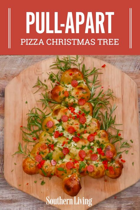 Cheese, garlic, and dough: these are a few of our favorite things. We've combined these into a wonderful holiday appetizer perfect for your Christmas cocktail party. This pizza pull-apart bread can be formed into any shape, but we love a festive Christmas tree. #christmas #christmaspartyfood #christmasappetizer #pullapartappetizer #southernliving Holiday Wreath Pizza Pull Apart, Christmas Leftovers Pull Apart Bread, Foccacia Bread Art Christmas Tree, Christmas Pizza Appetizers, Christmas Tree Spinach Pull Apart Bread, Christmas Tree Pizza Pull Apart, Pizza Dough Christmas Tree Appetizer, Christmas Pull Apart Bread, Christmas Pizza Ideas