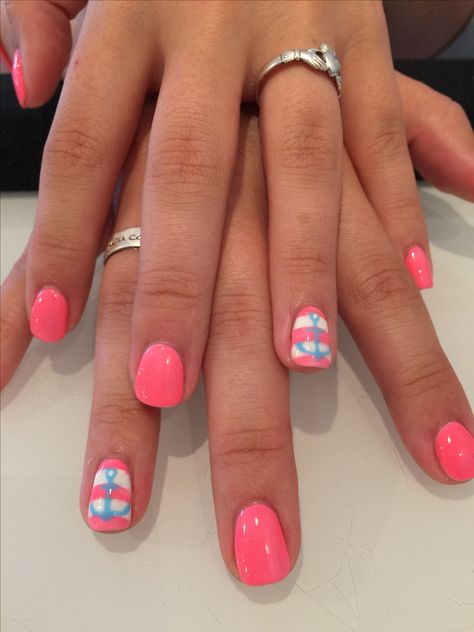 Pink with stripe and blue anchor accent nail Bahama Nails, Summer Toenails, Bermuda Cruise, Cruise Nails, Nautical Nails, Accent Nail, Blue Anchor, Best Nail Art Designs, Vacation Nails