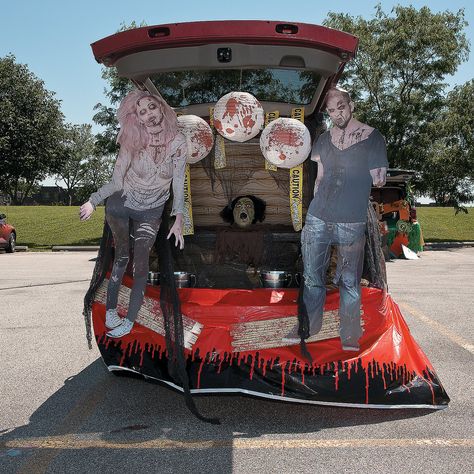 Trunk or Treat Zombie Décor Idea - OrientalTrading.com Zombie Trunk Or Treat, Scary Trunk Or Treat Ideas, Ideas To Draw Easy, Scary Halloween Characters, Trunk Or Treat Ideas, Halloween Decorations To Make, Fall Ball, Black Tablecloth, Draw Easy