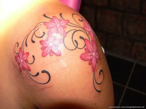 Pink Flower Tattoo, Tattoo Ideas Shoulder, Pink Flower Tattoos, Survivor Tattoo, Mastectomy Tattoo, Floral Tattoo Shoulder, Hibiscus Tattoo, Pink Tattoo, Flower Tattoo Back