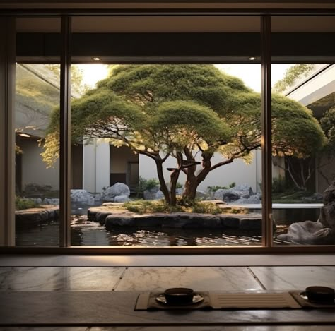 Japanese Zen Garden Aesthetic, Japanese Inspired Home Decor, Japanese Atrium, Bonsai Backyard, Japanese Garden Design Modern, Modern Japanese House Exterior, Bonsai Tree Garden, Japanese House Modern, Front Door Portico