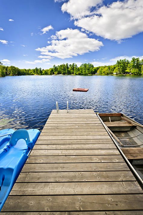 Dock on lake in summer cottage country. Wooden dock on beautiful summer lake in , #Ad, #cottage, #country, #summer, #Dock, #lake #ad Dock On Lake, Stall Shower Curtain, Lake Living, Summer Lake, Summer Cottage, Up House, Canoes, Lake Life, Beautiful Summer