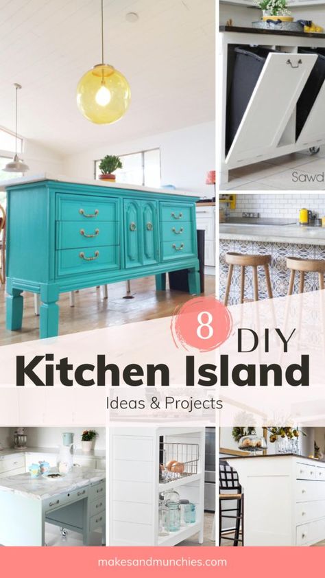 DIY Kitchen Island Ideas Adding a kitchen island to a kitchen can be so exciting. You can add storage and have extra space to work with. You can personalize your kitchen island to be anything you want. It doesn't have to be the traditional island you see mostly. It can be DIY'd by getting creative and repurposing furniture that you already have, or you can thrift it all on a budget. #DIYKitchenIsland, #KitchenIsland, #HomeDecor, #DIY, #KitchenIdeas #KitchenIslandIdeas #KitchenProjects Unique Kitchen Island Ideas, Diy Kitchen Island Ideas, Unique Kitchen Island, Kitchen Island Layout, Images Of Kitchen Islands, Repurposed Kitchen, Island Storage, Grand Kitchen, Turquoise Kitchen