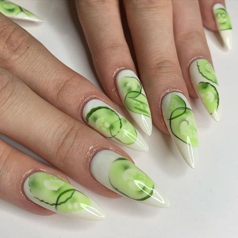 Reallyhotgirl - Thinly Sliced Cucumber Airbrush Realism Nails Summer Nails Fruit, Feminine Hands, Nails Fruit, Apoc Store, Nails Fresh, Airbrush Stencils, Sliced Cucumber, Fresh Nails, Fruit Nails