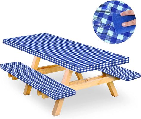 PERFECT FOR CAMPING OR BACKYARD BBQ'S Picnic Table Cover, Picnic Table Covers, Bbq Camping, Blue Patio, Bench Seat Covers, Bench Covers, Rv Ideas, Camping Table, Rv Stuff