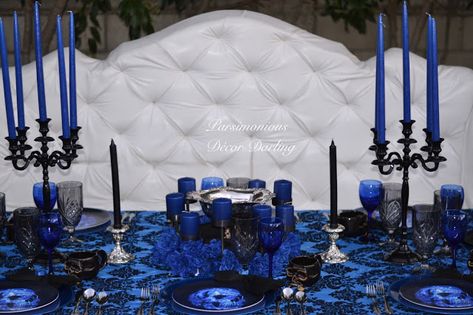 Cobalt blue and black Halloween table setting inspired by Manic Panic's Shocking Blue.  Elegant, Gothic, Victorian Elements! Corpse Bride Party Decorations, Blue Halloween Party, Manic Panic Shocking Blue, Victorian Elements, Classy Halloween Party, Corps Bride, Gold Pillar Candle Holders, Halloween Engagement, Blue Stemware