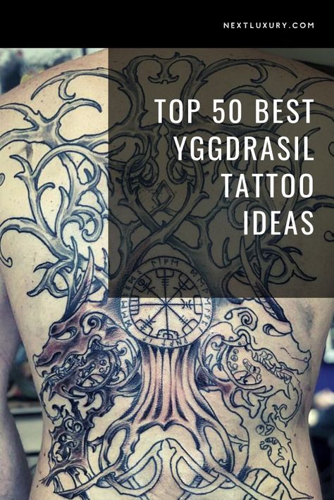 Tattoos come in a vast multitude of designs and styles. The Yggdrasil is a particularly impressive piece of art that displays the image of a tree, one known well in Norse Mythology. #tattooideas Yggdrasil Back Tattoo, Viking Tattoo Sleeve Designs, Yggdrasil Tattoo Design, Norse Tree Of Life Tattoo, Yggdrasil Tattoo Vikings, Viking Tree Of Life Tattoo, Ygdrassil Tattoo, Celtic Art Tattoo, Norse Tattoo Designs