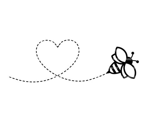 End Line Design, Bee Trail Tattoo, Bee And Heart Tattoo, Dotted Heart Tattoo, Bee Heart Tattoo, Bee Design Art, Line Art Bee, Bee Line Art, Bee Outline