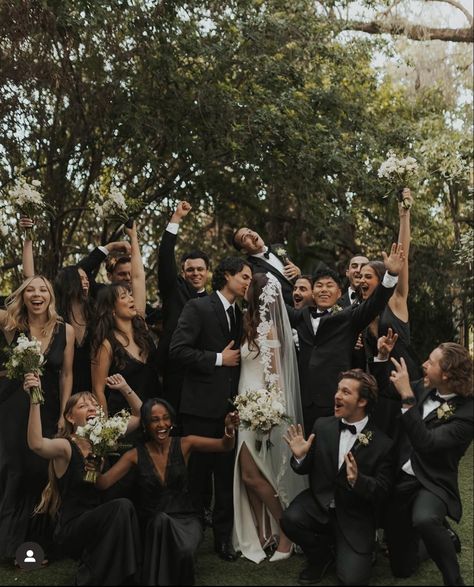 Black Bridesmaid Dresses Photos, City Wedding Bridesmaids, Classic Wedding Aesthetic Black And White, Black And White Wedding Party Attire, Black Tie Engagement Photos, Black Wedding Guest Attire, All Black Wedding Party, Bridesmaid And Groomsmen Pictures, Black Tie Beach Wedding