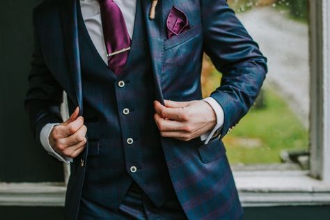 Navy Blue Suit Purple Tie, Purple Waistcoat, Dark Navy Suit, Navy Suit Wedding, Groom's Attire, Groom Wedding Attire, Bridal Theme, Castle Scotland, Dog Suit