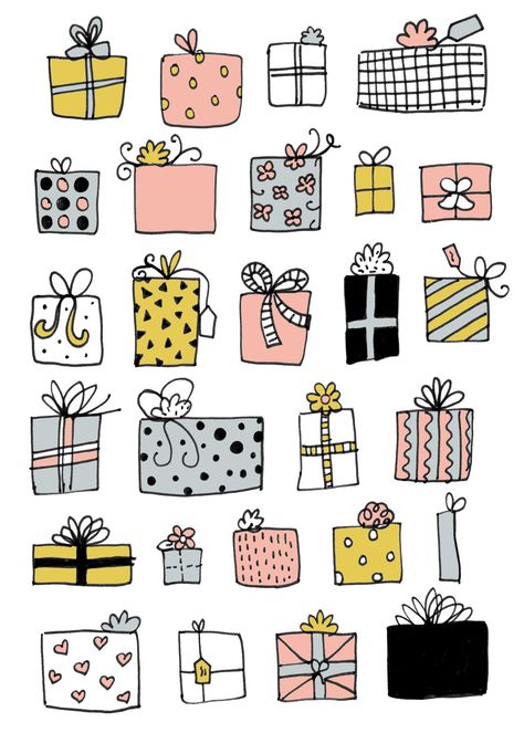 Presents How To Draw Presents, Christmas Drawing Presents, Draw Present, Birthday Present Drawing, Present Doodle, Present Drawing Christmas, Christmas Presents Drawing, Presents Drawing, Gift Box Doodle