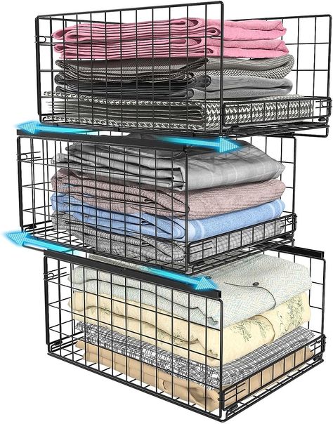 3-Teir Sliding Organizer. I was thinking this would be great for bathroom towels. Everyone in the house has to have that favorite towel and they make a mess with the other towels and just leave them. This would make my life easy instead of refolding every towel I own. Closet Organization Bins, Closet Storage Drawers, Clothes Shelves, Closet Organizer With Drawers, Small Closet Space, Closet Shelf, Tiered Shelf, Clothes Closet Organization, Stackable Storage Bins