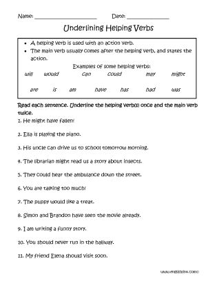 Helping Verbs Worksheets | Underlining Helping Verbs Worksheets Helping Verbs Worksheet, Verbs Worksheet, Main Verbs, Helping Verbs, Verbs List, 11th Grade, Verb Worksheets, Action Verbs, 10th Grade