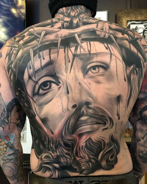 Megan Hoogland (@meganhoogland) • Instagram photos and videos Jesus Back Tattoo, Jesus Face Tattoo, Face Tattoo Ideas, Back Piece Tattoo, Chicano Art Tattoos, Jesus Face, Tattoo Art Drawings, Chicano Art, Face Tattoo