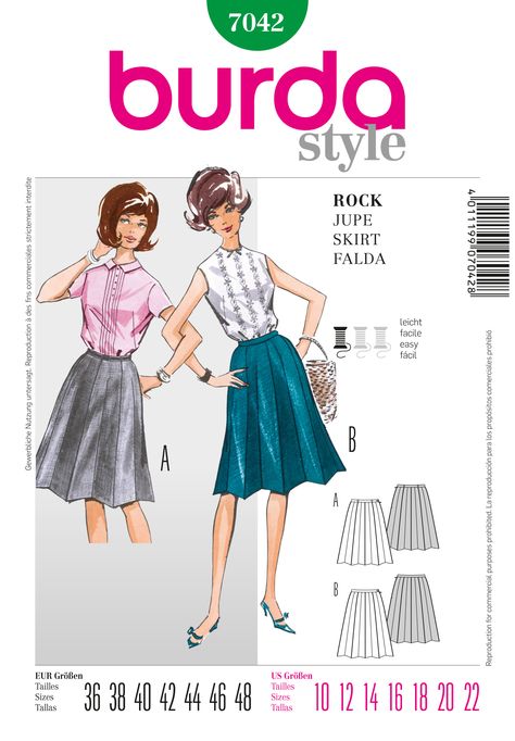 Burda 7042 Panelled Skirt, Style Année 60, Flannel Skirt, Vogue Dress Patterns, Burda Sewing Patterns, Burda Patterns, Umbrella Skirt, Vogue Dress, Style Rock