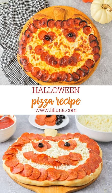 This delightful Halloween pizza is shaped like a smiling jack-o-lantern, perfect for all of your spooky festivities! #halloweenpizza #halloween #pizza #pepperonipizza Halloween Pizza Recipes, Ghost Pizza, Fall Pizza, Halloween Pizza, Halloween Food Treats, Holiday Favorite Recipes, Pizza Stone, Fair Food Recipes, Crockpot Chicken