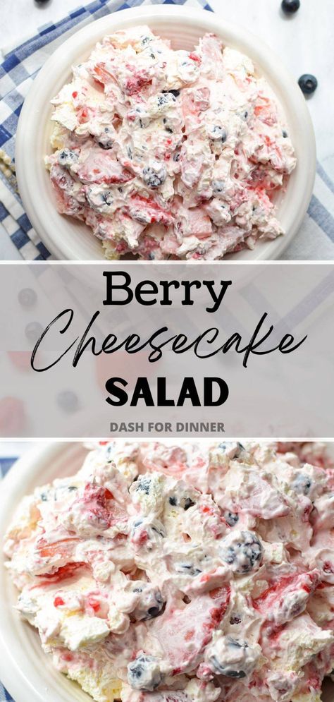 If you're looking for Red White and Blue Desserts, look no further than this berry cheesecake salad! Made with fresh berries, cool whip, and cream cheese, this no bake dessert recipe is perfect for 4th of July or Memorial Day food. This Red White and Blue Cheesecake Salad recipe is ready to chill or serve in just 15 minutes and requires no oven time. The perfect way to use lots of fresh berries, and perfect for serving as a BBQ dessert or potluck dessert. Bbq Fruit Salad, Red White And Blue Cheesecake Salad, Easy Dash Diet Recipes, Cool Whip And Cream Cheese, Cheesecake Salad Recipe, Berry Cheesecake Salad, Red White And Blue Cheesecake, Memorial Day Food, Red White And Blue Desserts