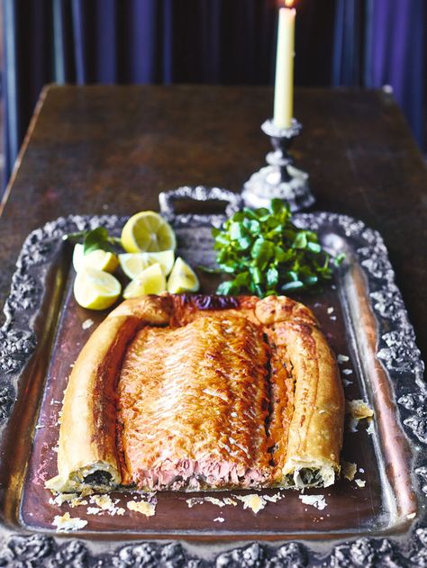 Salmon en croûte recipe | Jamie Oliver salmon recipes Jamie Oliver Salmon, Salmon En Croute Recipe, Salmon En Croute, Pie Pastry Recipe, Salmon Wellington, Mango Avocado Salsa, Christmas Cookbook, Fish Pie, Jamie Oliver Recipes