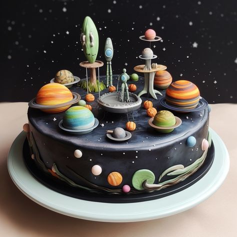 Solar System Cake Ideas, Space Theme Cakes, Outer Space Cakes, Universe Cake Ideas, Cosmic Cake, Bug Birthday Cakes, Planet Cake, 8th Birthday Cake, Galaxy Cake