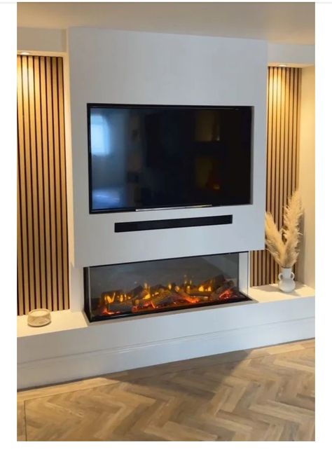 Mdf Media Wall, Media Wall Colour Ideas, Linear Fireplace With Tv Above Modern, Linear Fireplace With Mantle, Living Room Feature Wall, Floating Tv Unit, Tv Fal, Panel Ideas, Feature Wall Living Room