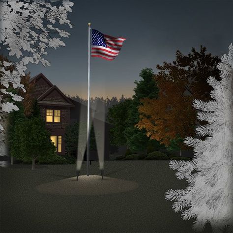 Lighting a Flagpole | Kichler Lighting Flag Pole Ideas, Flagpole Landscaping, Outerior Design, Poolside Landscape Ideas, Flag Pole Landscaping, Flagpole Landscaping Ideas, Front Yard Lighting, Flag Etiquette, Farmhouse Yard