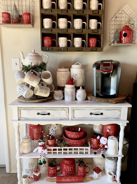 Christmas Coffee Bar Decor, Christmas Coffee Bar, Rae Dunn Christmas, Coffee Bar Decor, Rae Dunn Collection, Coffee Bar Home, Cocoa Bar, Christmas Coffee, Coffee Bar