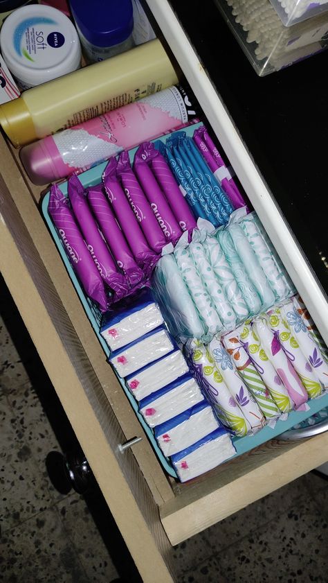 Organized Drawers Aesthetic, Period Organization Storage, Period Organization, Pad Organization, Feminine Product Storage, Period Starter Kit, Period Supplies, Period Box, Room Organization Bedroom