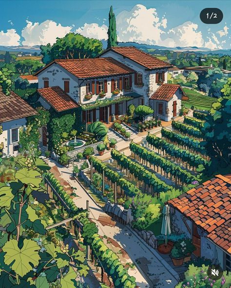 Anime Architecture, Fantasy Settings, Solar Punk, Family Compound, Urban Landscape Design, Vegetable Garden Planning, Solar Farm, Planets Art, Fantasy Setting