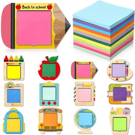 PRICES MAY VARY. Back to School Sticky Notes Holder Set: each package contains 12 pcs wooden sticky note holders in different styles (about 5.9 x 5.3 inches), and 12 pcs sticky notes pads (about 2.95 x 2.95 inches) in 12 colors, this bulk pack serves both as an efficient workspace organizer and an ideal gift for teachers appreciation Welcome Back to School Design: our school sticky note holder with note pads feature a classic back to school theme, the sticky note holder and notes set is nice for Post It Note Gifts For Teachers, Sticky Note Activities Classroom, Sticky Note Teacher Appreciation, School Sticky Notes, Teacher Sticky Note Holder, Multicolor Craft Supplies For Teacher Appreciation, Back To School, Student Birthday Gifts, Back School, First Day Of School Teacher