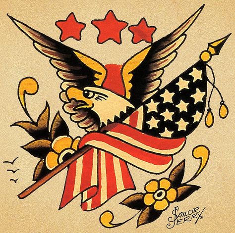 American traditional eagle and flag Traditional Eagle, Traditional Eagle Tattoo, Desenhos Old School, Sailor Jerry Flash, Sailor Jerry Tattoo Flash, Americana Tattoo, Sailor Tattoos, Monami Frost, Patriotic Tattoos