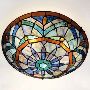 Bloomsbury Market Tiffany Ceiling Light Fixtures Flush Mount 3-Light, 16" Wide Floral Patterns Stained Glass Lampshade Ceiling Lamp | Wayfair Stained Glass Lampshade, Tiffany Ceiling Lights, Glass Ceiling Lamps, Blue Stain, Glass Lampshade, Ceiling Lights Living Room, Light Fixtures Flush Mount, Tiffany Style, Retro Chic