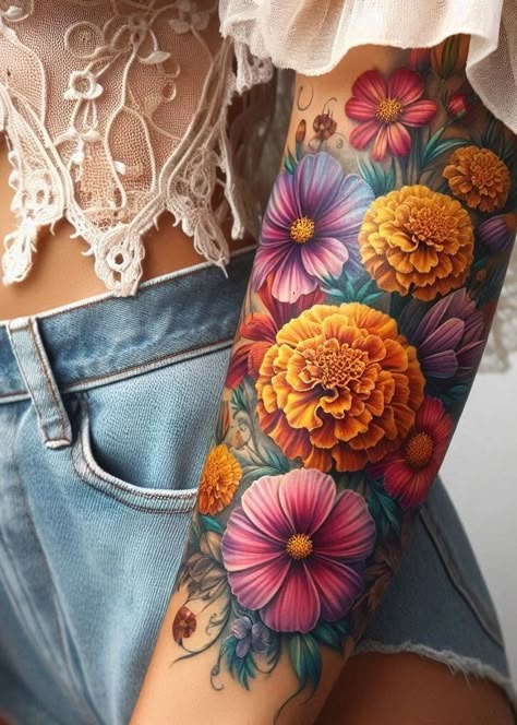 Birth Flower Tattoo Bliss: Stunning Designs | Pocoko Pretty Floral Sleeve Tattoo, Embroidery Tattoo Flower, Flower Tatoos Woman Arm, Marigold Flower Tattoo Sleeve, Cosmos And Marigold Tattoo, Cosmo And Marigold Flower Tattoo, Cosmos Tattoo Design, Multiple Flower Tattoo, Marigold And Daisy Tattoo