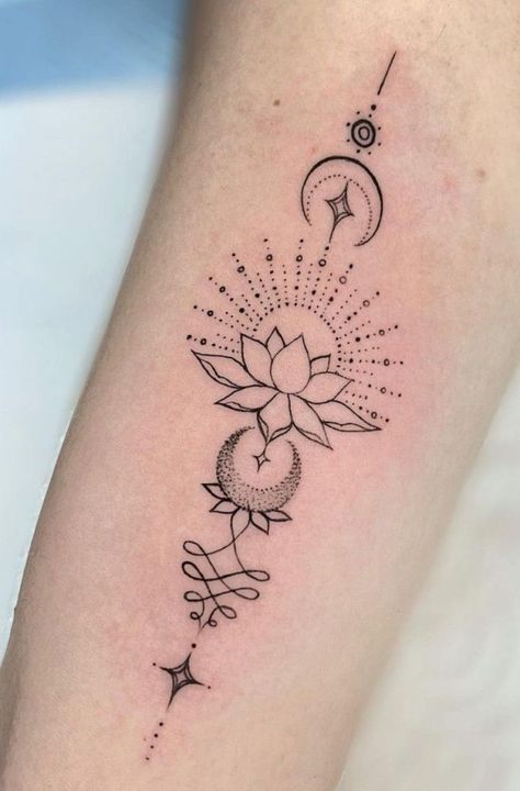 Shoulder Lotus Flower Tattoo, Yoga Back Tattoo Women, Spiritual Lotus Tattoo, Unalome Tattoo Female Design, Unalome Meaning, Unalome Tattoo Ideas, Elbow Tattoo Design, Filler Tattoos, Lotusblume Tattoo