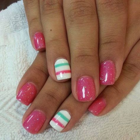 So cute!  Sparkly juicy pink and detail stripe nail with a bit of aqua💗 Gelový Lak, Pink And White Nails, Pink Nail Art Designs, Pink Nail Art, Pink Nail Designs, Shellac Nails, Colorful Nail Designs, Easter Nails, Get Nails