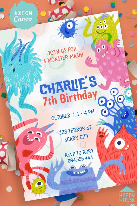 Introducing our cute Monsters Birthday Invitation - perfect for your little monster's big day! Whether you're throwing a spooktacular party or just want a monstrously good time, our digital invitation has got you covered. ORIGINAL ILLUSTRATIONS FROM OUR WONDERFUL ARTIST! Canva template Dimensions: 5x7 inches Monster Invitations, Monster Birthday Invitations, Monster Birthday, Happy House, Monster Mash, Monster Party, Cute Monsters, Digital Invitation, Little Monsters