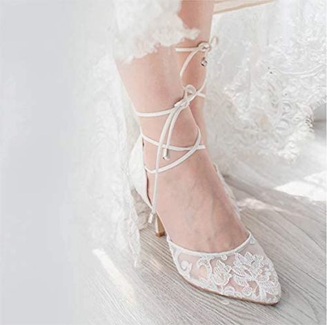 Amazon.com | ERIJUNOR E2374 Ivory Lace Mesh Satin Bridal Wedding Shoes for Women Comfortable Mid Heel Tie Up Ankle Strap Pointy Toe Pumps Ivory Size 8 | Pumps White Lace Heels, Wedding Shoes For Women, Wedding High Heels, Wedding Shoes Lace, Wedding Boots, Wedding Shoes Bride, Bridal Wedding Shoes, Satin Tulle, Lace Heels