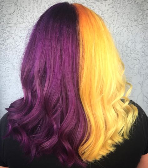 Purple And Red Hair Half, Yellow And Purple Hair, Dye Hairstyle, Light Purple Hair Dye, Pink And Yellow Split Dye, Permanent Purple Hair Dye, Purple And Yellow Hair Split, Pink And Yellow Hair Split, Purple Hair Dye