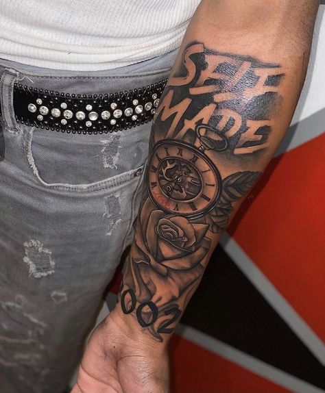 Small To Medium Tattoos Men, Quarter Sleeve Tattoos Men, 410 Baltimore Tattoo, Humble Beast Tattoo Men Forearm, Gangsta Tattoos Men Design Arm, Men Tattoo Ideas Sleeve Inspiration, Selfmade Tattoos For Men, 2004 Tattoo Ideas For Men, $100 Tattoos