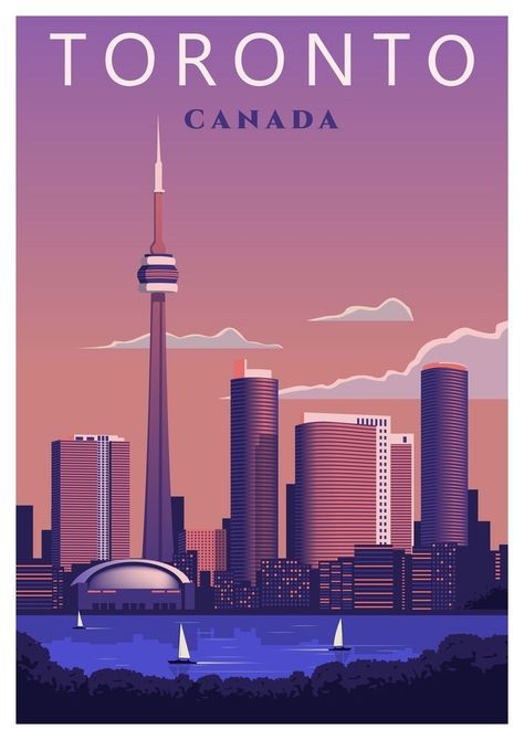 Posters Canada, Toronto Travel, Travel Poster Design, Vintage Poster Design, Deco Poster, Toronto Ontario Canada, Retro Travel Poster, City Illustration, Vintage Travel Poster