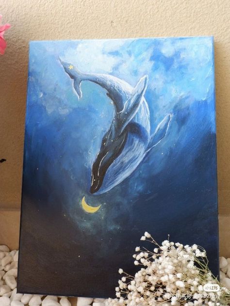 Moon Painting With Texture, Big Drawings Ideas Canvases, Whale Acrylic Paintings, Acrylic Painting Canvas Inspiration, Fantasy Painting Ideas, Whale Canvas Painting, Whale Painting Acrylic, Painting Ideas Ocean, Mermaid Paintings Acrylic