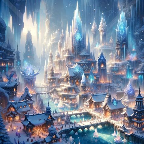 Futuristic Ice City, Fantasy City Square, Witch City Art, Ice Village Fantasy Art, Ice Palace Fantasy Art, Crystal City Fantasy Art, Ice Village, Fantasy Snow, Ice City