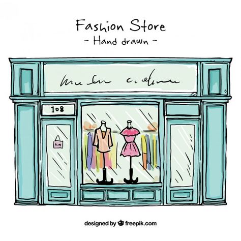 Hand drawn fashion store shop window  Free Vector Store Front, Shop Window, Psd Files, Fashion Store, Hand Drawn, Free Download, Dresses