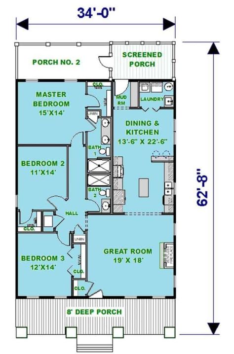 Main level floor plan of a single-story 3-bedroom country style ranch with front and rear porches, great room, combined dining and kitchen, and three bedrooms including the primary suite. Mudroom Floor Plan, Wooden House Plans, Casita Ideas, Narrow House Plans, Country Style Bedroom, Narrow Lot House, Narrow Lot House Plans, House Plans 3 Bedroom, Ranch Style House Plans