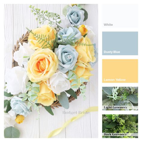 Blue Yellow White Wedding Theme, Pink And Pale Yellow Wedding, Dusty Blue And Yellow Bouquet, Dusty Blue And Yellow Wedding Flowers, Yellow Wedding Ideas Color Schemes, Blue White And Yellow Bouquets, Yellow Dusty Blue Wedding, Dusty Blue Yellow Wedding Theme, Light Blue And Yellow Wedding Flowers