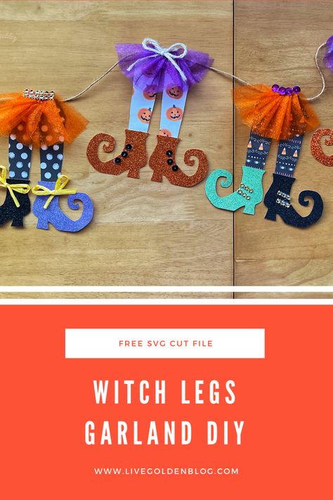 DIY Witch Legs Garland  #diy #papercraft #papercrafts #svg #garland #crafts #crafting #halloweendiy #freesvg #witch Witch Garland Diy, Witches Legs Craft, Witch Hat Garland, Witches Legs Decorations Diy, Diy Witch Legs And Shoes, Crochet Witch Legs Pattern, Witch Legs, Witch Shoes, Fun Halloween Crafts