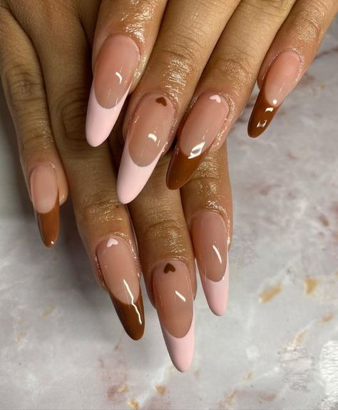 Gemini Birthday Nails Almond, Gel Extension Nails Design Almond, Long Almond Nails Designs Summer, Brown French Tip Nails Almond, Alomd Nails Ideas, Fall Nails 2023 Almond, Brown Summer Nails, Xl Almond Nails, Long Almond French Tip Nails